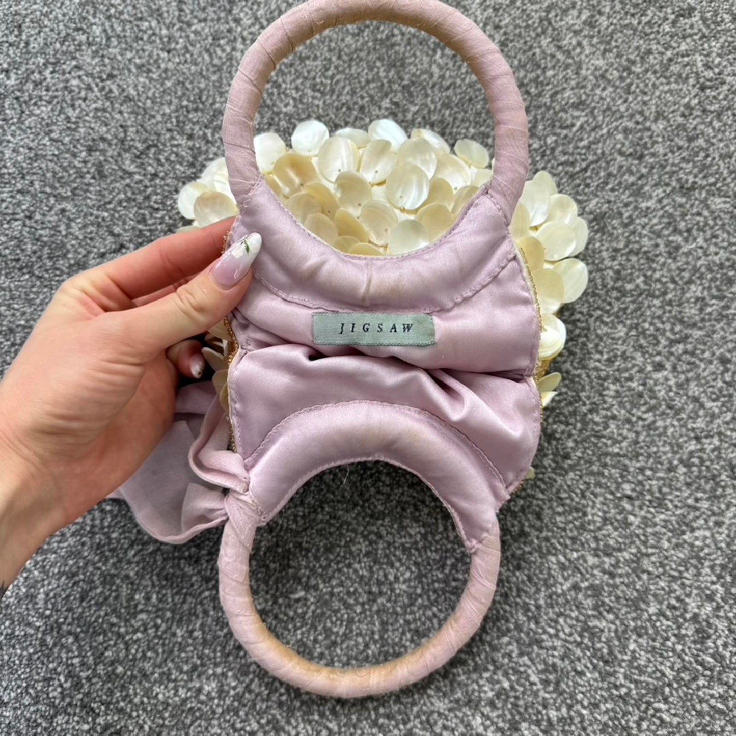 Y2K vintage mini shell handbag beaded silk circle handle seashell