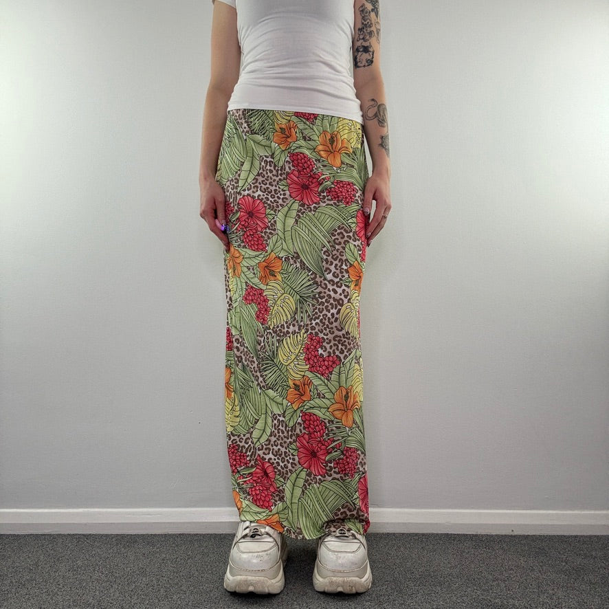 Y2K vintage leopard palm tree floral stretchy maxi skirt