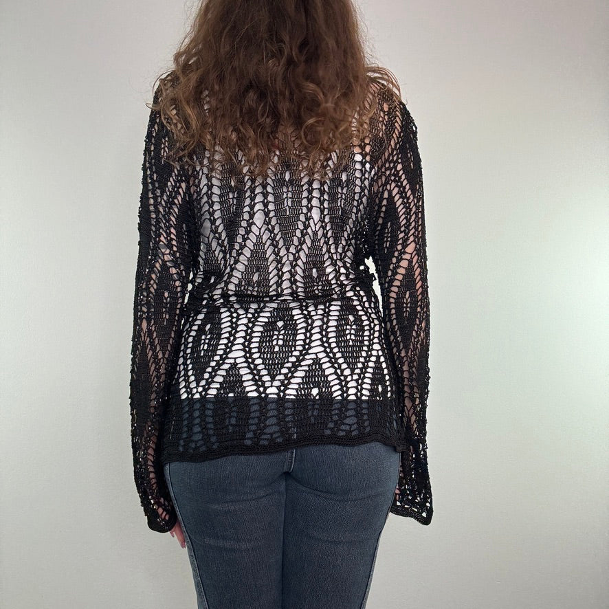 Y2K crochet flared long sleeve top