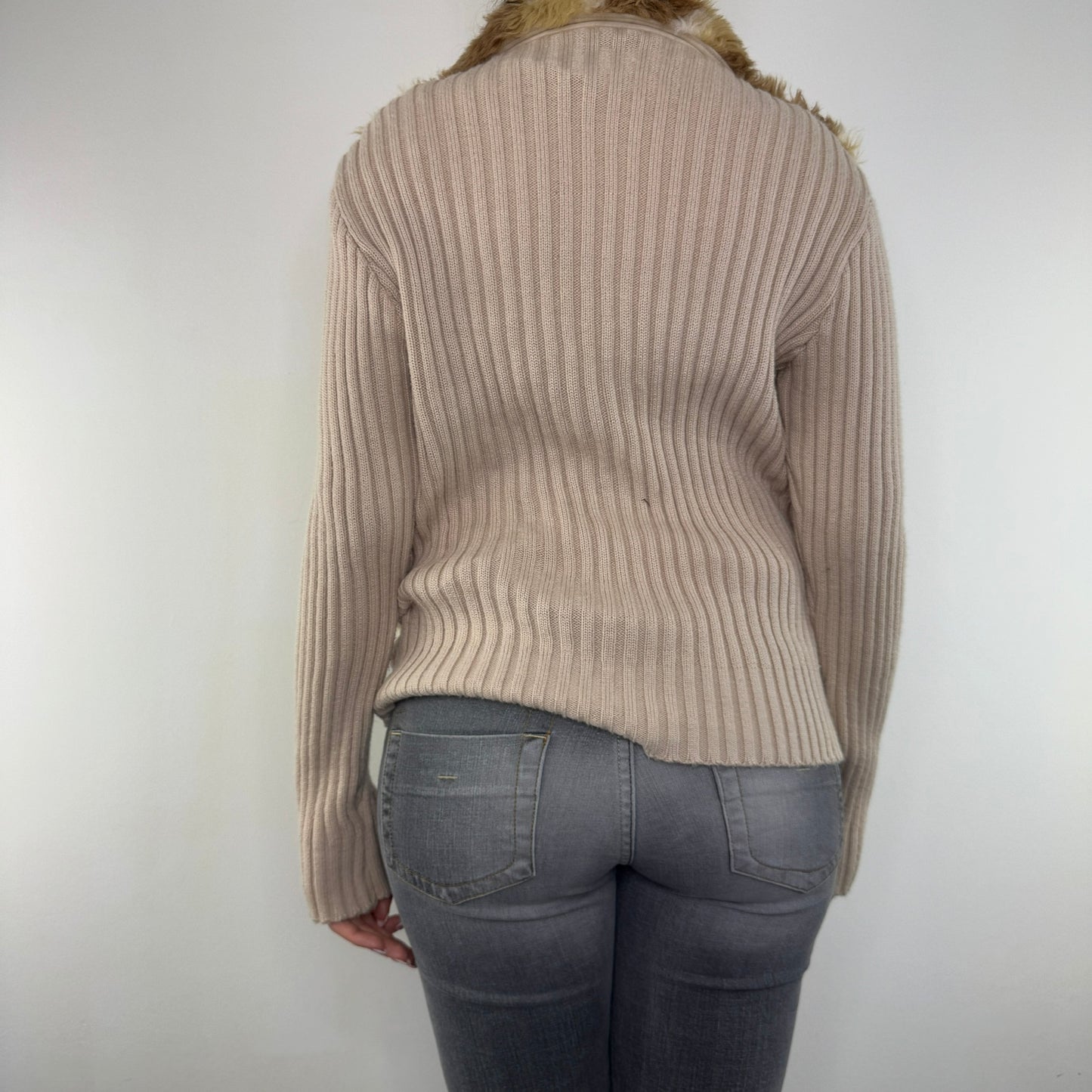 Y2K vintage faux fur jumper deer fawn knit sleeve zip up jacket bambi