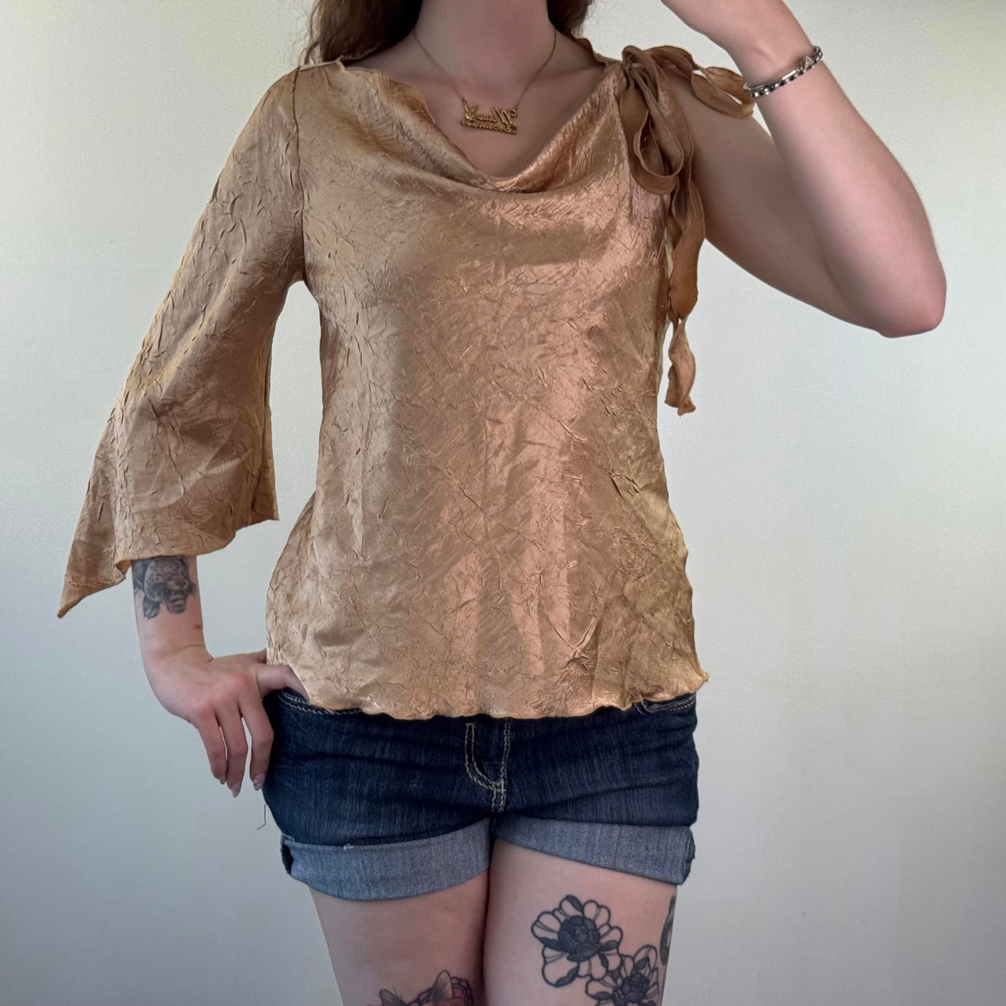 Y2K vintage gold one shoulder crinkle top 3/4 sleeve flare cowl neck bow party