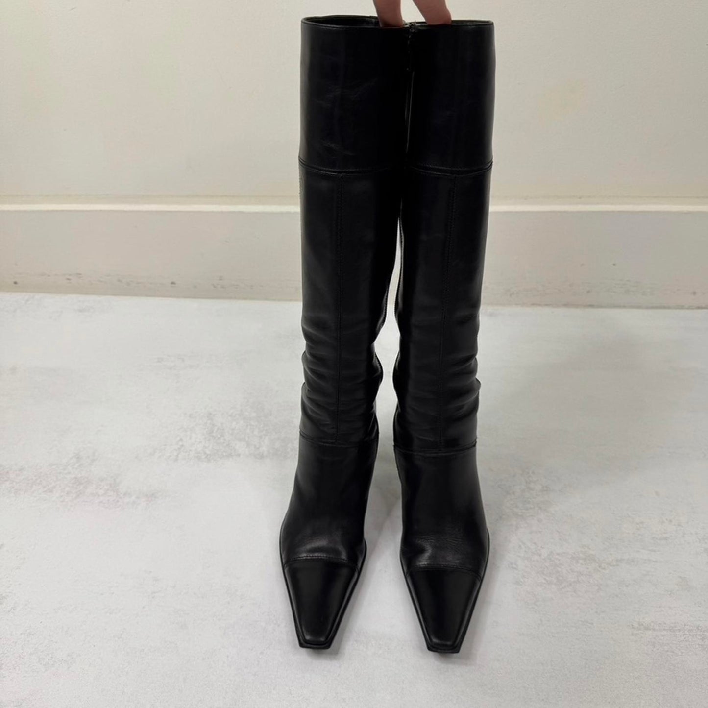 Y2K vintage genuine leather heeled boots square toe fitted block pointed black