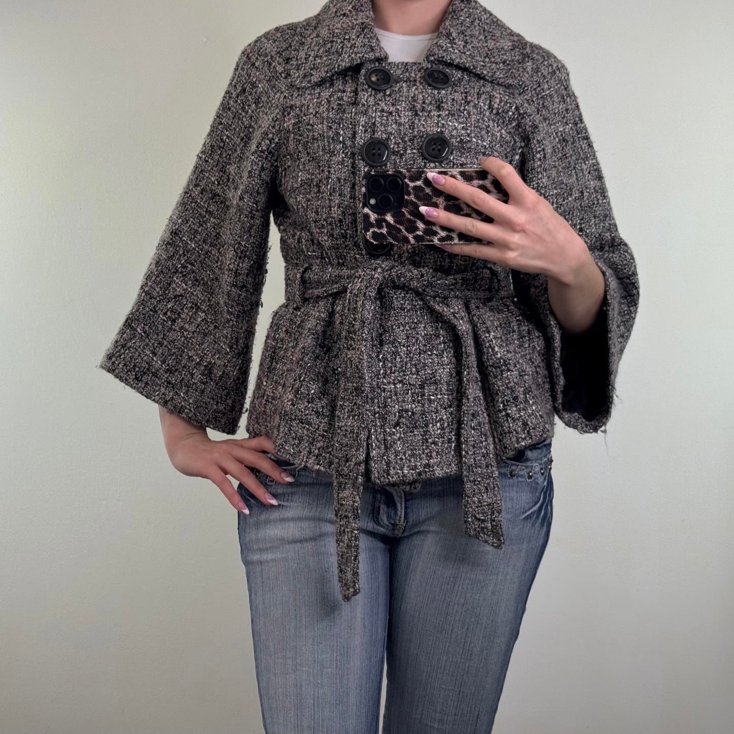 Y2K vintage wool blend pea coat jacket flare 3/4 sleeve with belt button up