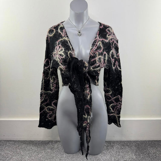 Y2K vintage wool blend knitted cardigan long sleeve cropped floral embroidery