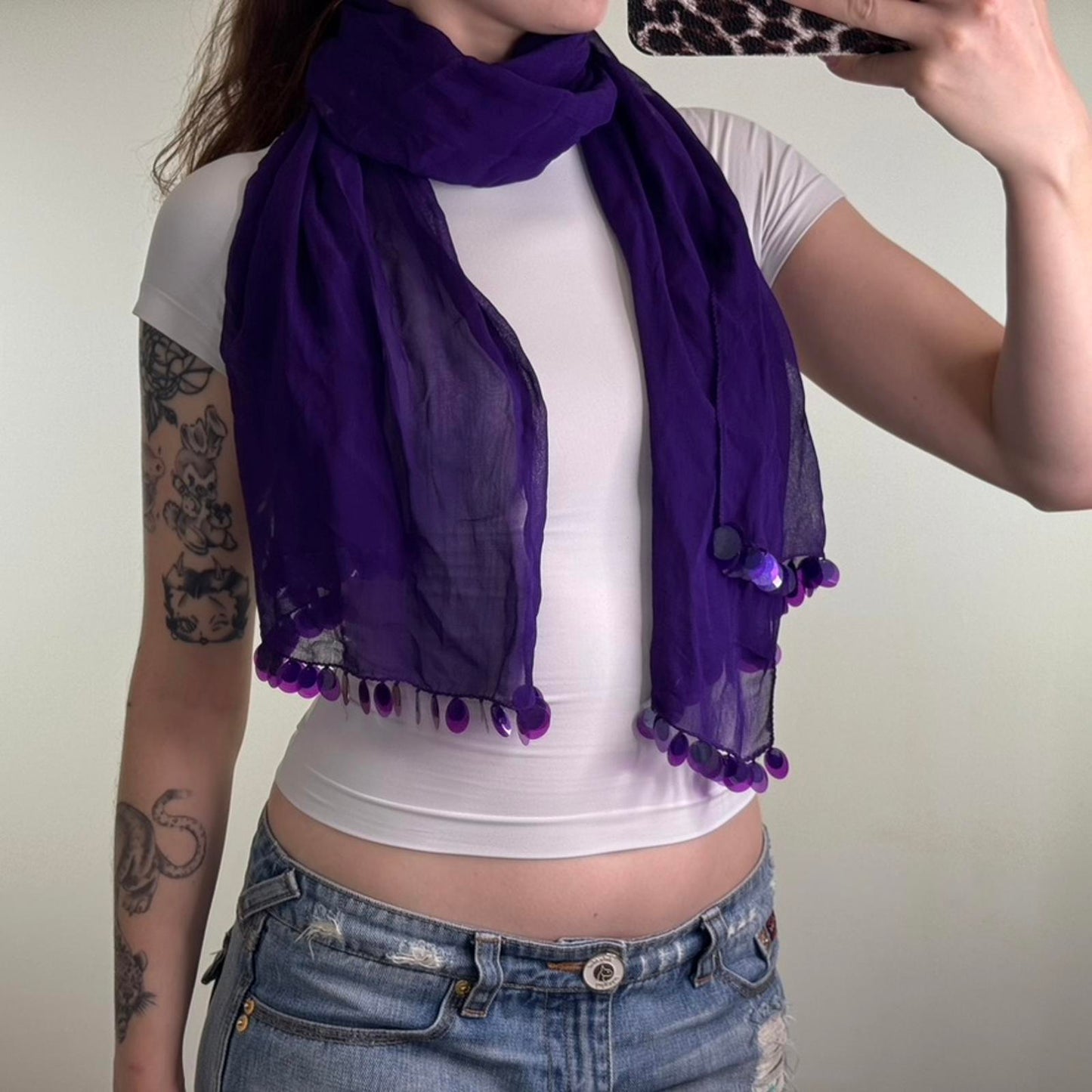 Y2K vintage sheer large scarf beaded sequin trim lightweight purple