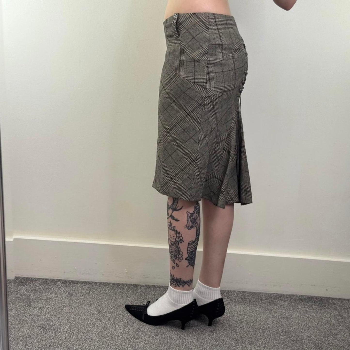 Y2K vintage houndstooth tartan check midi skirt lace up knee length rhinestone