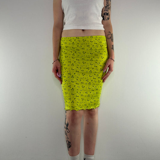 Y2K Pimkie mesh ditsy floral lettuce hem midi skirt