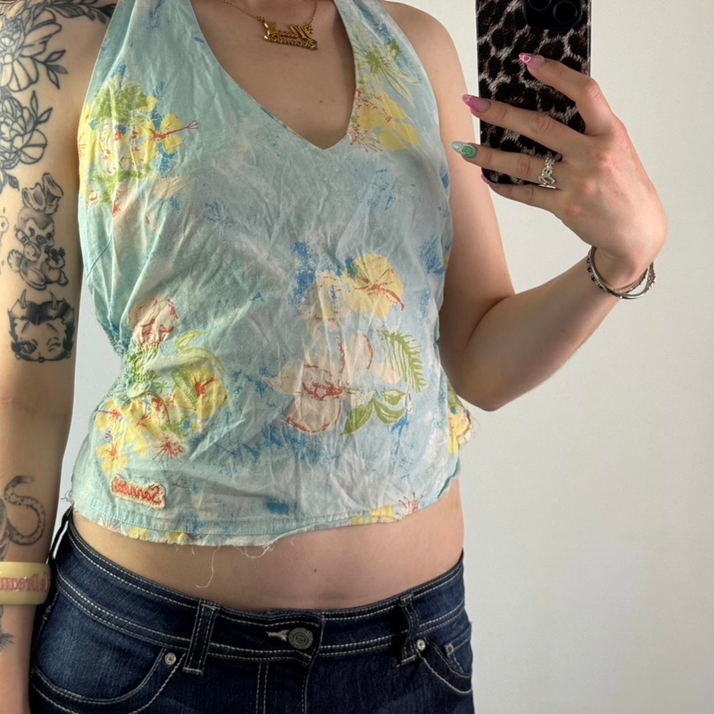 Y2K vintage hibiscus halter neck top floral summer coconut girl tropical- M