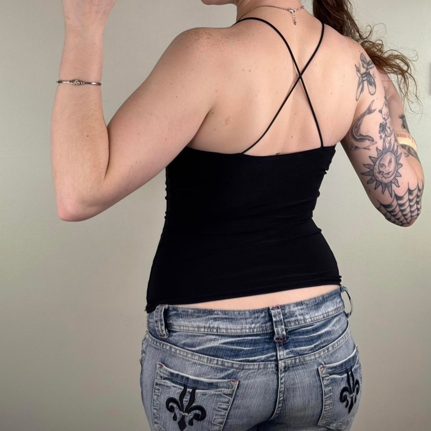 Y2K vintage slinky tank top high neck strappy floral embroidery pattern