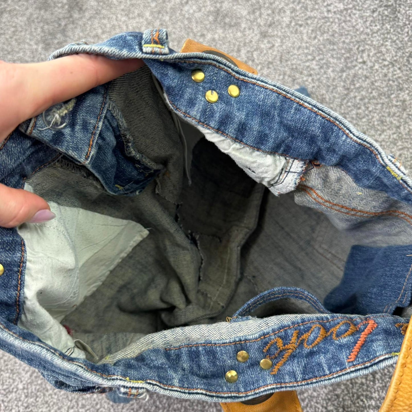 Y2K vintage large reworked denim shoulder bag leather straps grommet blue brown