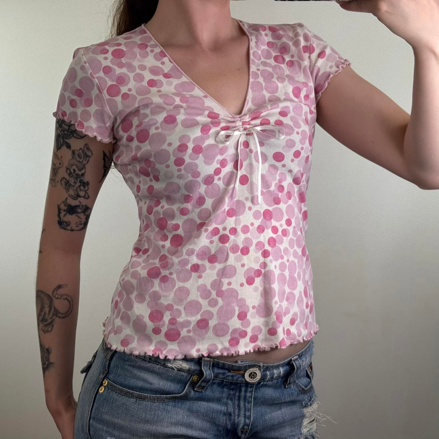 Y2K vintage polka top t shirt top v neck ruched bow short sleeve lettuce hem