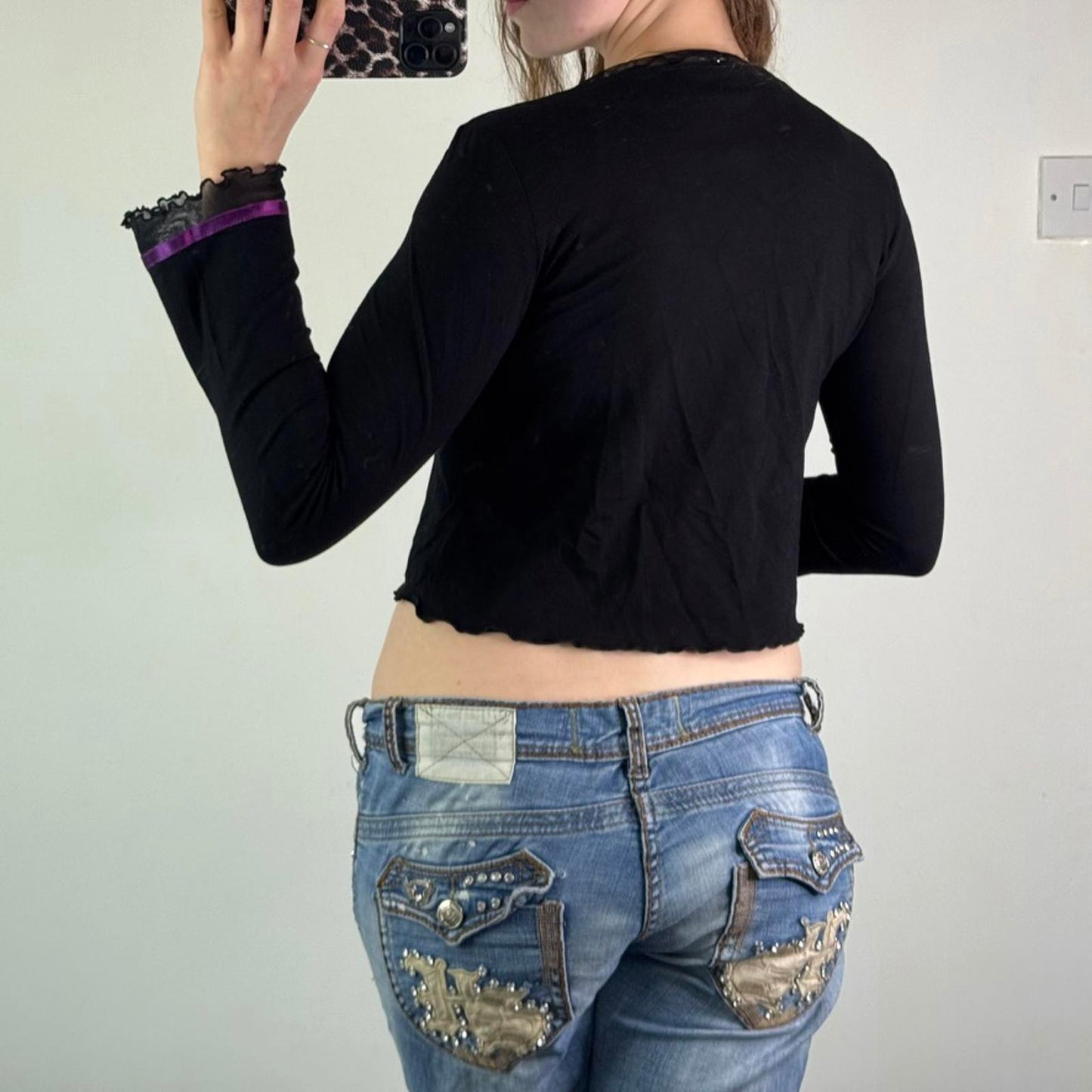 Y2K vintage floral trim cardigan hook and eye open front lettuce hem long sleeve