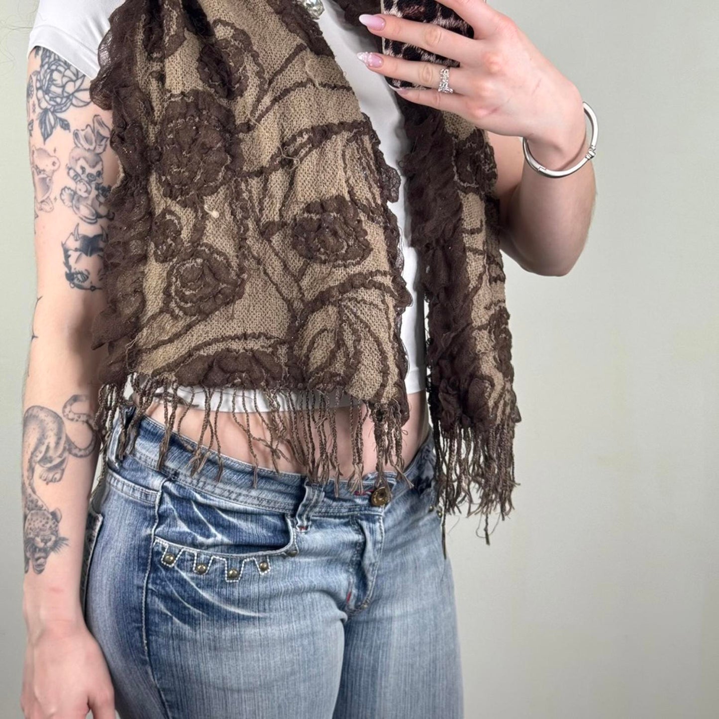 Y2K vintage floral sparkly scarf large fringe light dark brown pattern