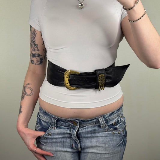 Y2K vintage genuine leather belt chunky gold charm buckle boho 90s oversized