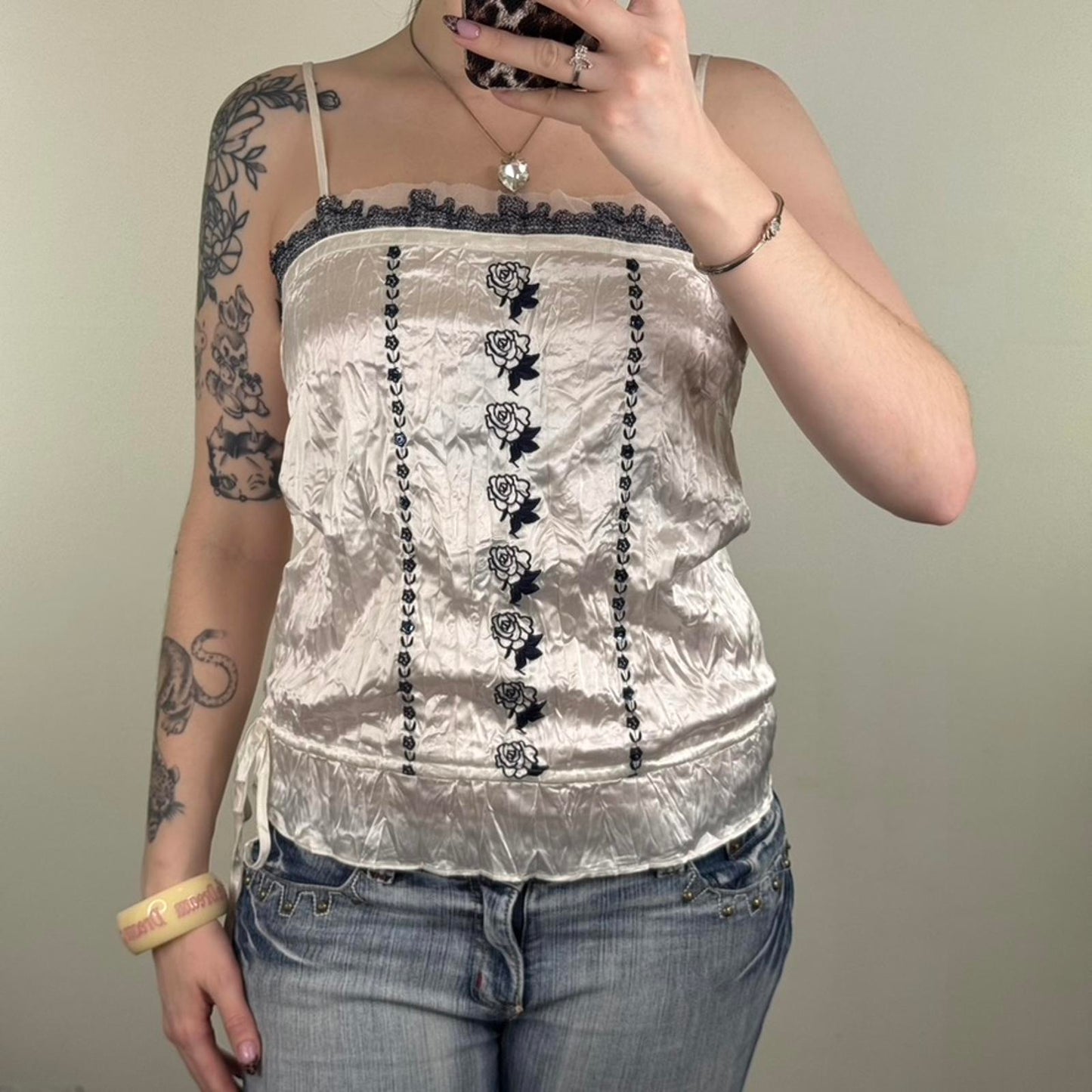 Y2K vintage satin cami top floral embroidered bow strappy mesh trim white navy