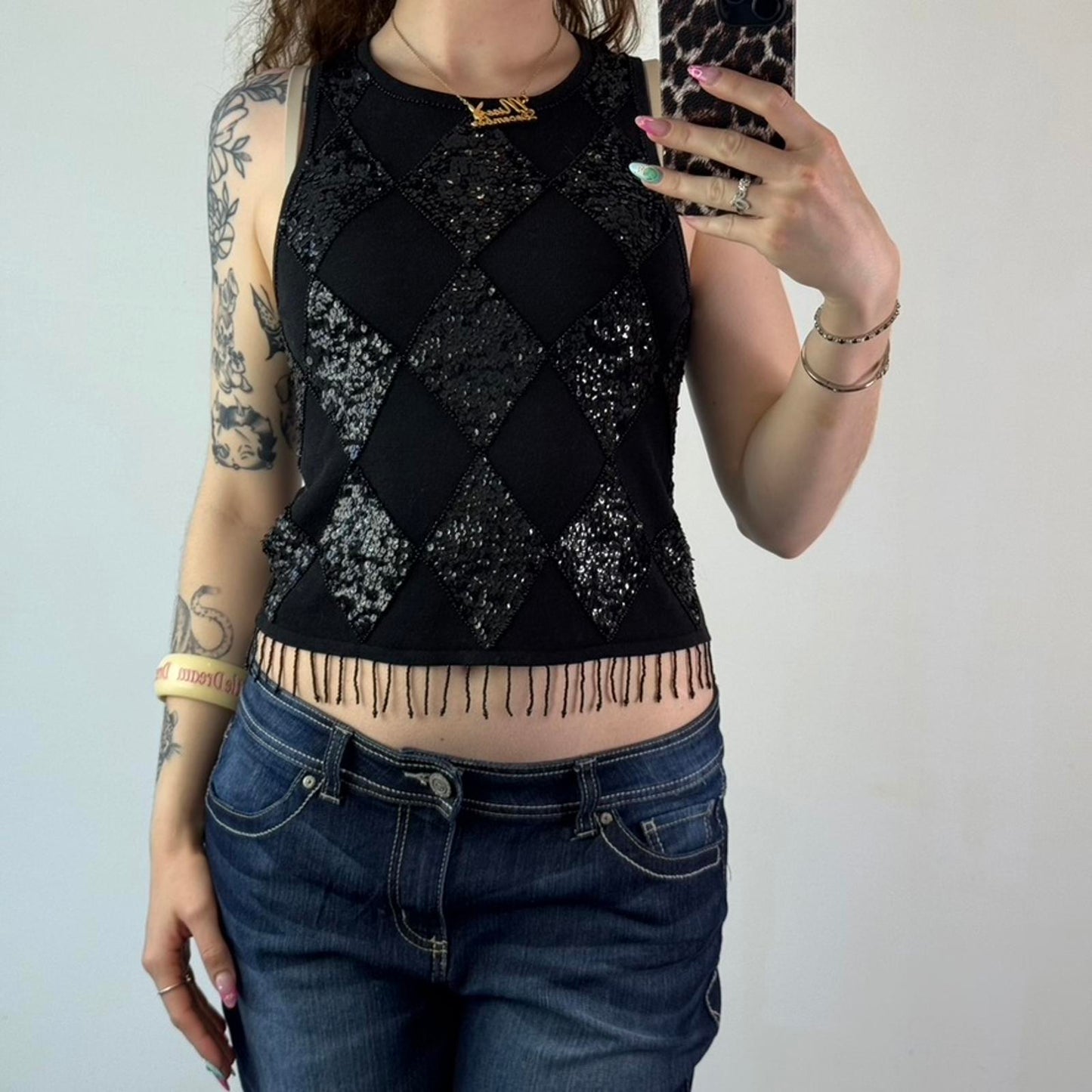 Y2K vintage fine knit sequin diamond tank top beaded tassel fringe high neck