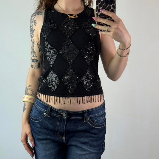 Y2K vintage fine knit sequin diamond tank top beaded tassel fringe high neck