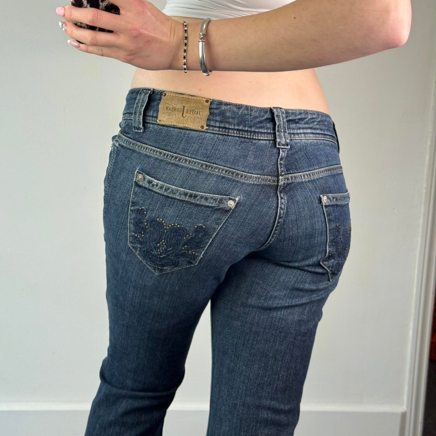 Y2K vintage low rise bootcut jeans dark denim embellished pockets mcbling