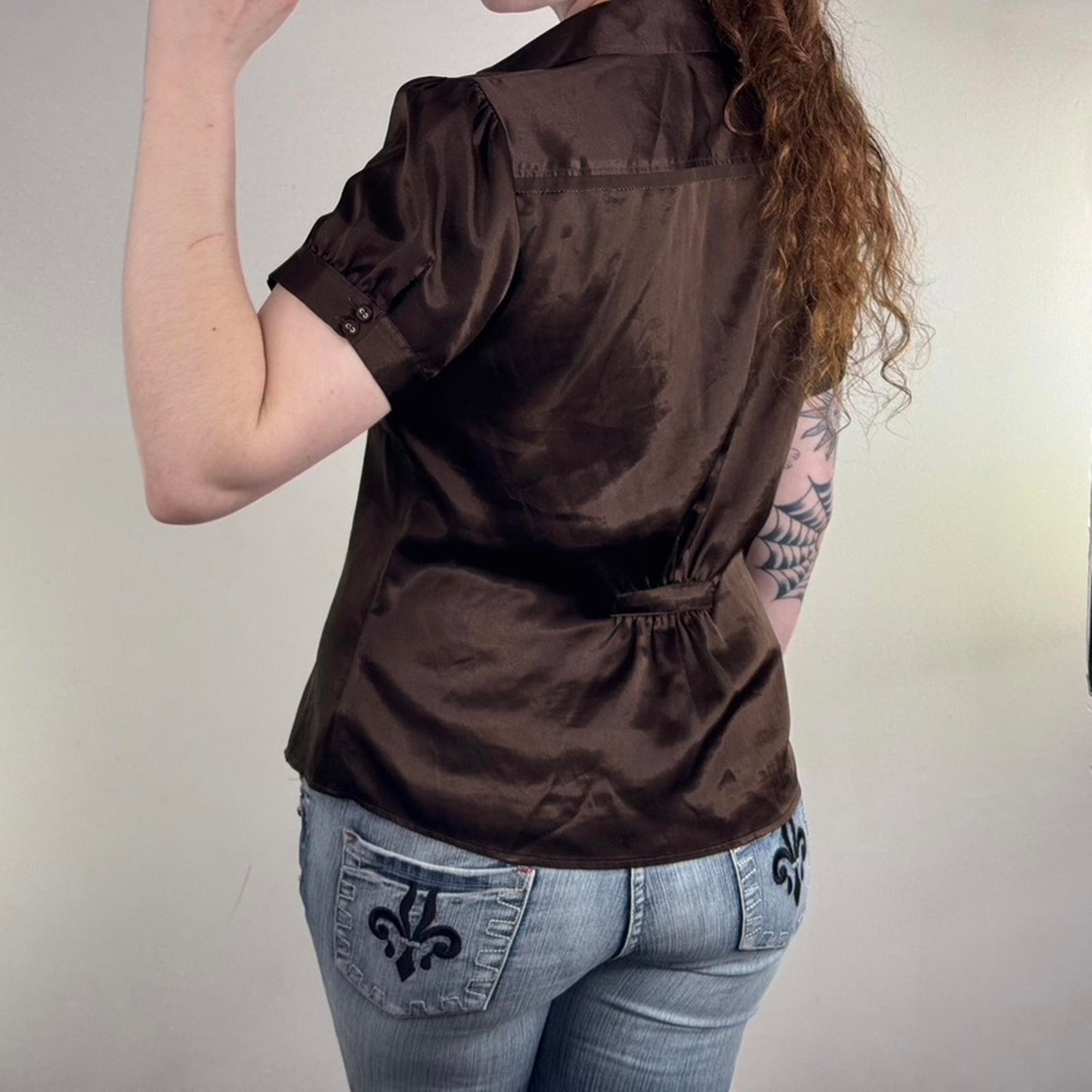 Y2K vintage blouse button up fitted cap short sleeve satin ruched shirt brown