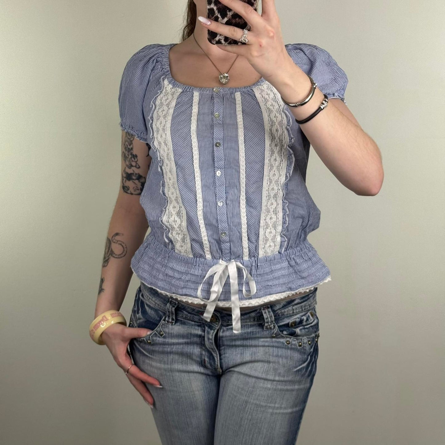 Y2K vintage pinstripe short sleeve blouse shirt bow lace buttons ruffle coquette