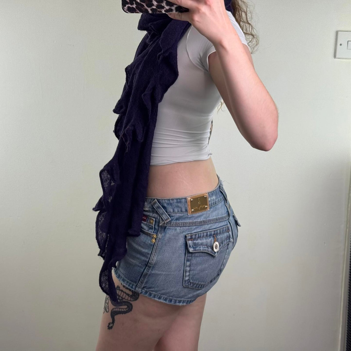 Y2K vintage ruffle long scarf dark purple frill wool blend