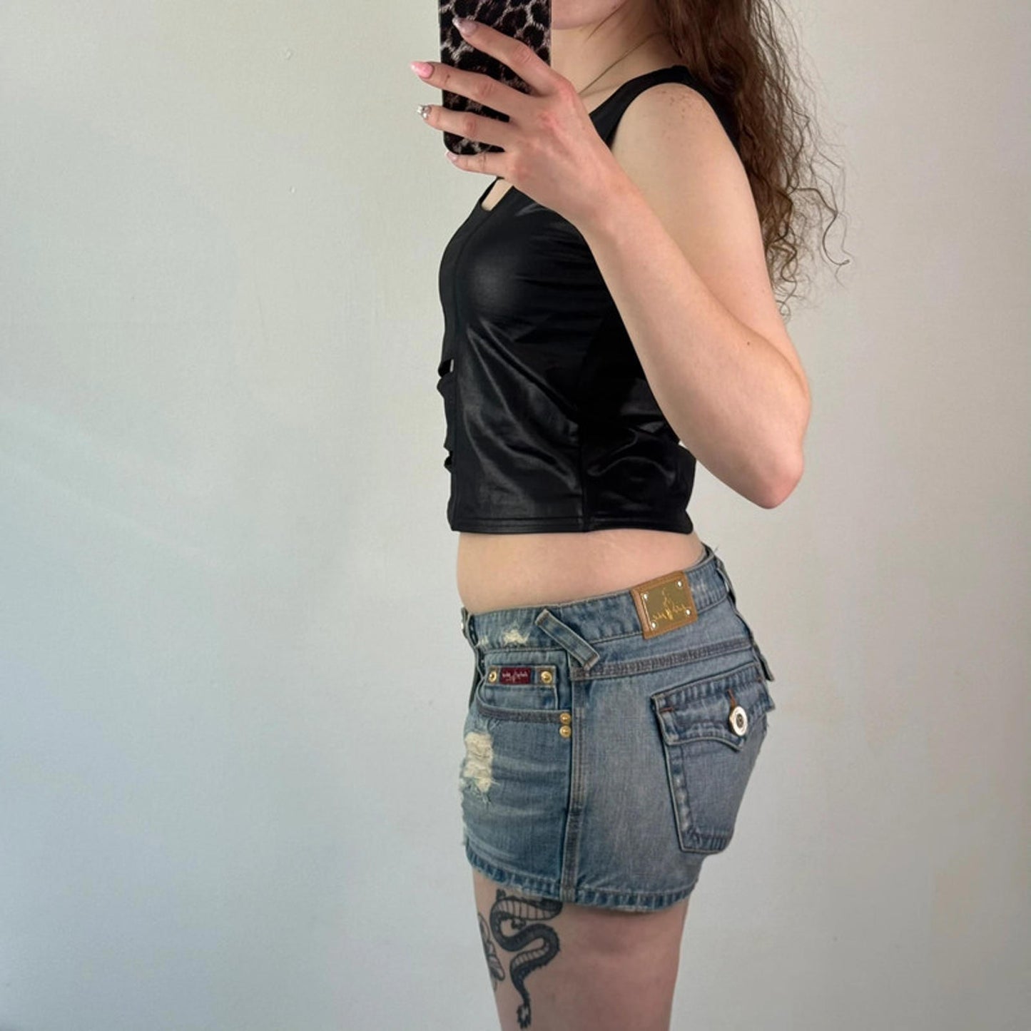 Y2K 90s vintage cut out slinky tank top crop round neck festival rave wet look