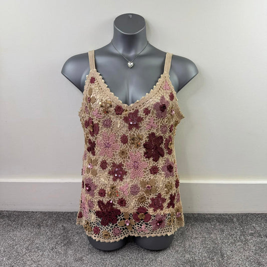 Y2K vintage Etam crochet tank top floral v neck sequin pink gold beige