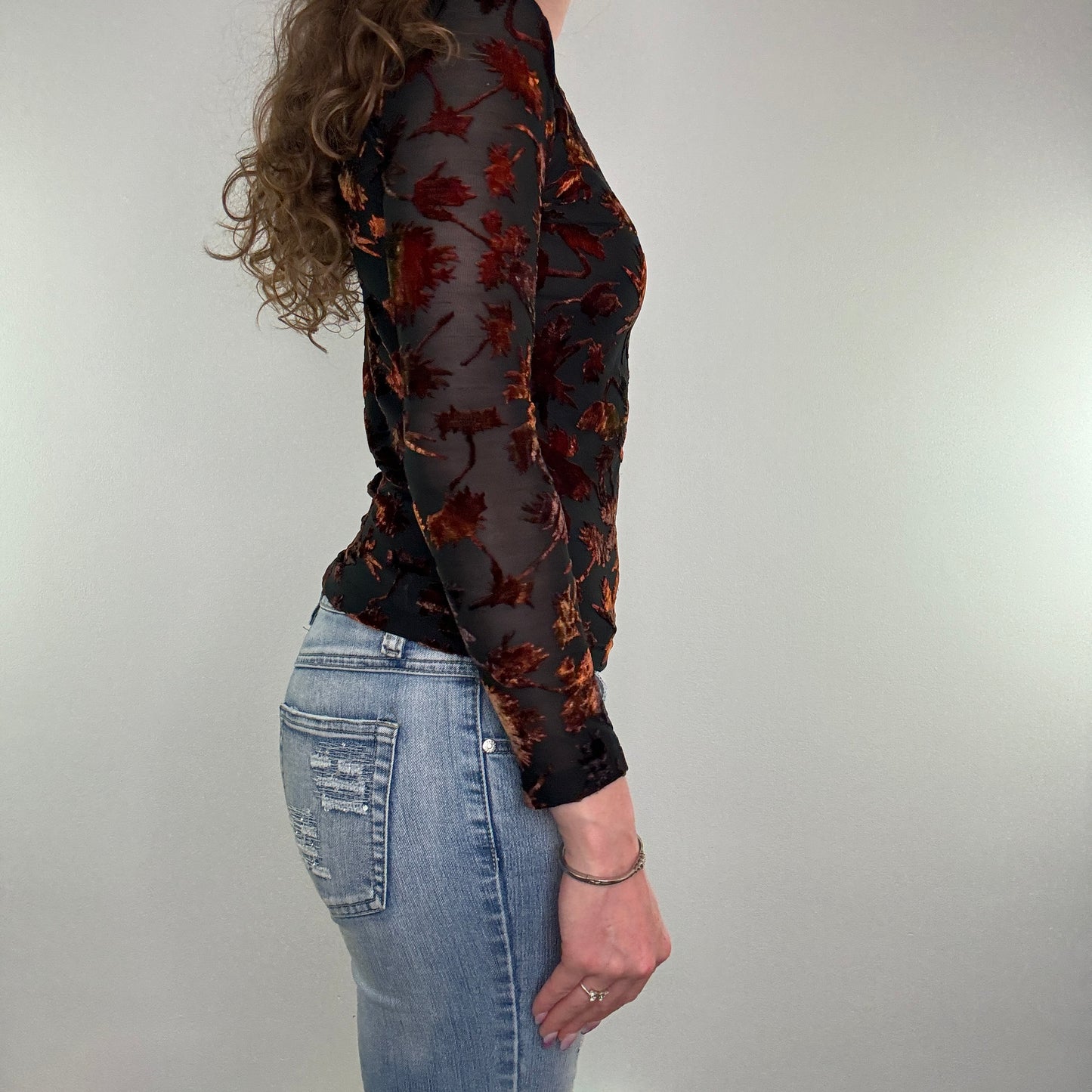 90s Y2K vintage mesh floral velvet v neck long sleeve top