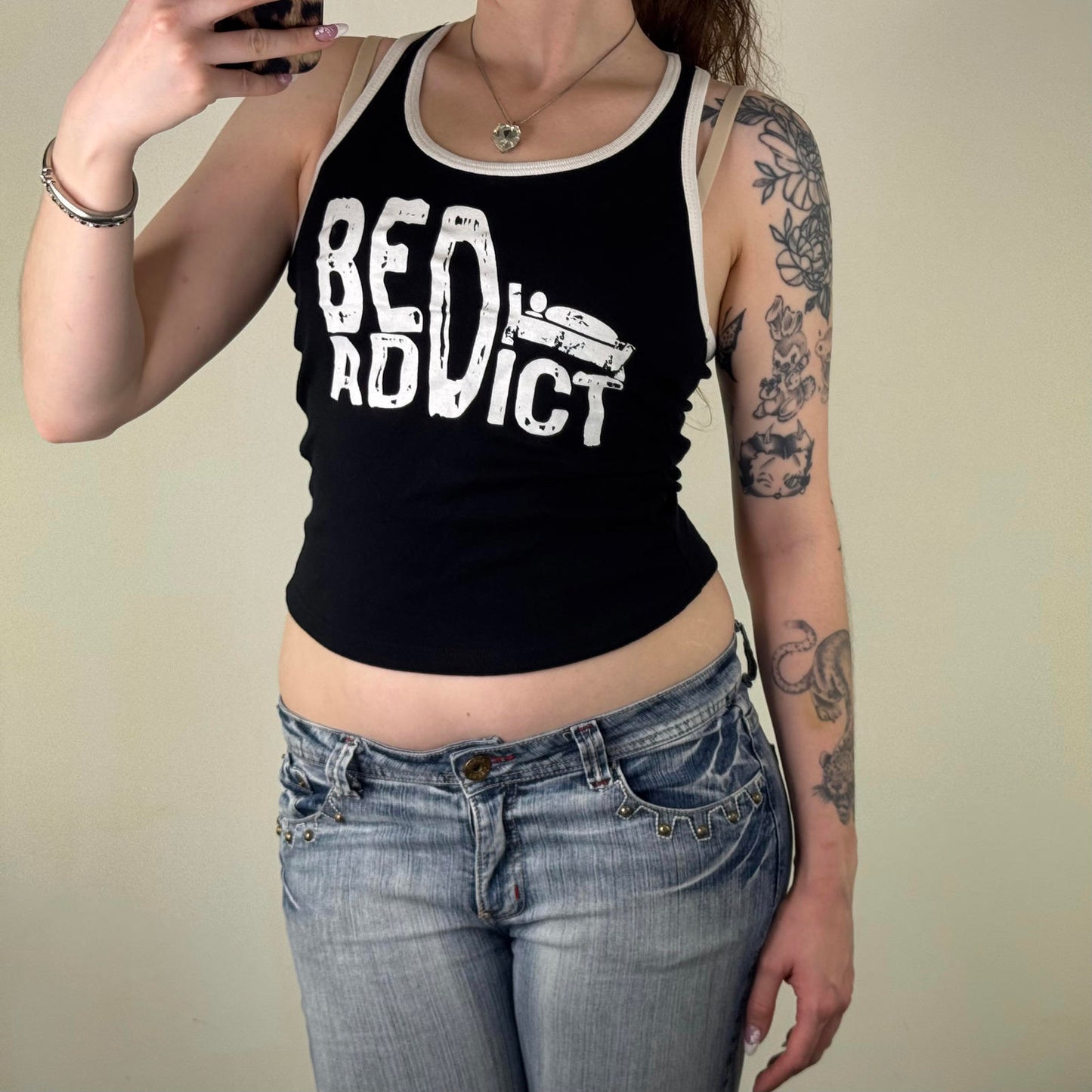 Y2K vintage Jennyfer tank top graphic print bed addict black white cropped