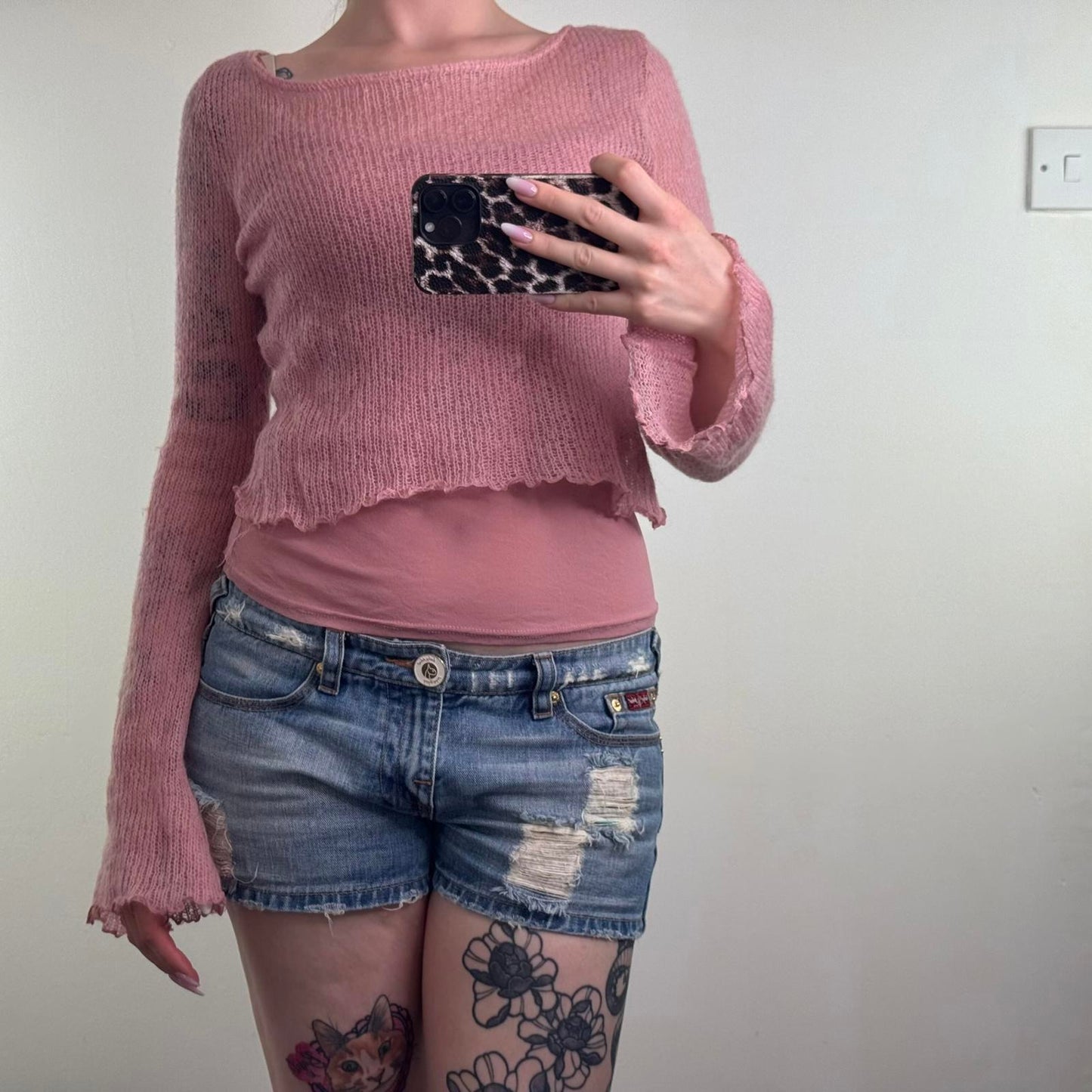 Y2K vintage Mohair blend double layered knit jumper flare sleeve lettuce hem