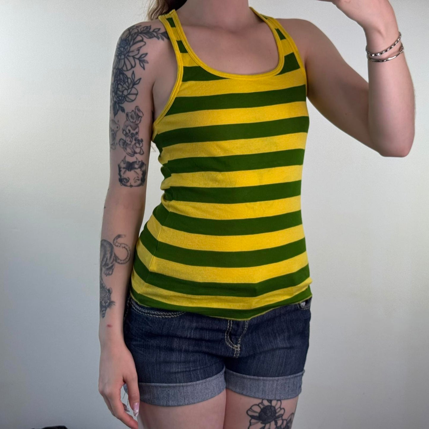 Y2K vintage stripe tank top racerback yellow green round neck