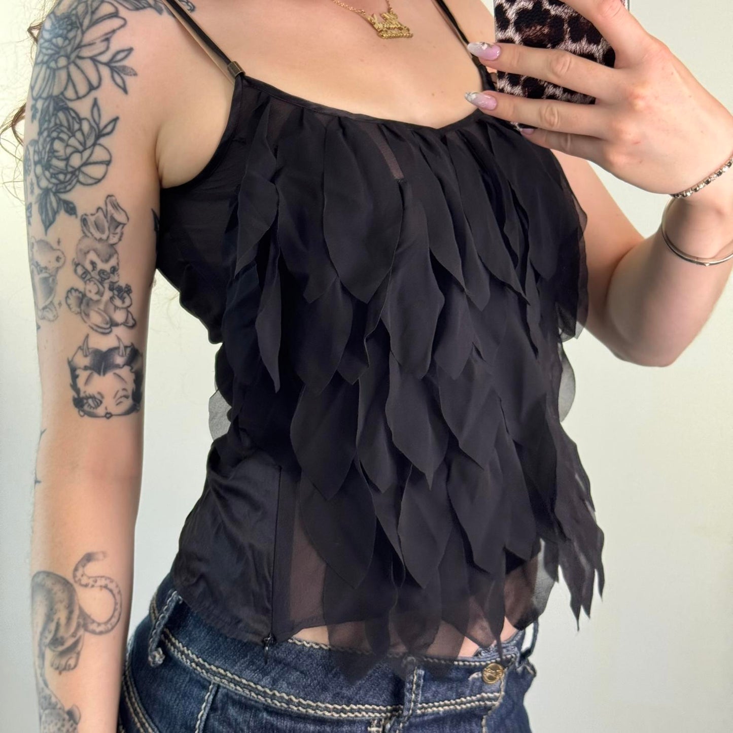 Y2K vintage 100% silk ruffle cami top strappy lightweight black