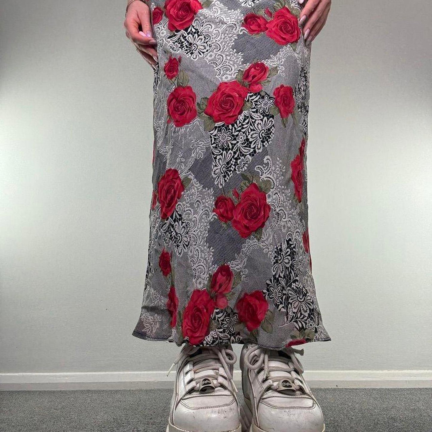 Y2K vintage patchwork lace style rose floral pattern bow maxi skirt stretchy
