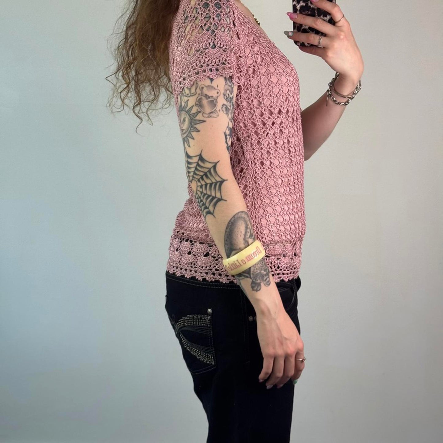 Y2K vintage crochet v neck short sleeve top dusty pink scallop hem boho festival