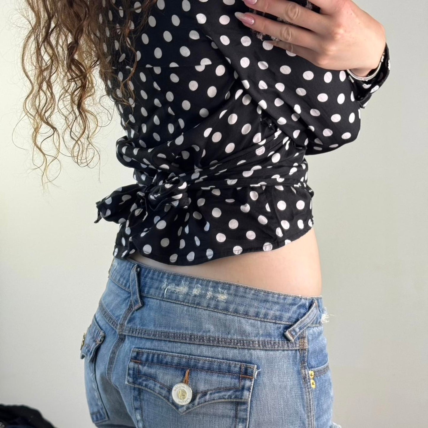 Y2K vintage polka dot wrap around long sleeve shirt v neck bow spotty