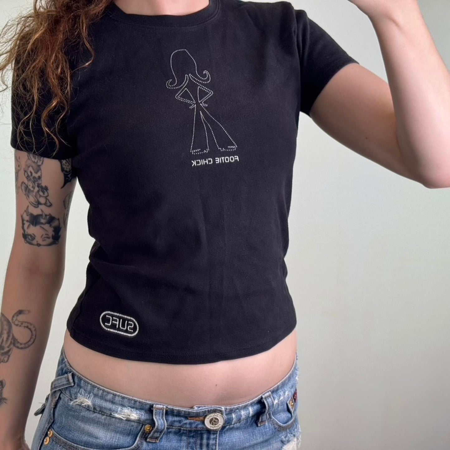 Y2K vintage footie chick baby tee top graphic print black short sleeve football