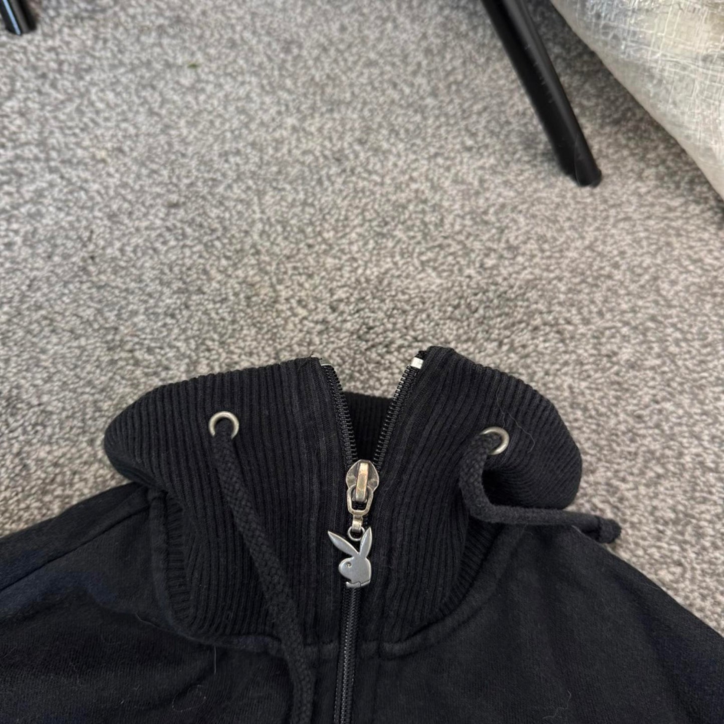 Y2K vintage Playboy cropped zip up jumper satin logo sporty black elastic waist