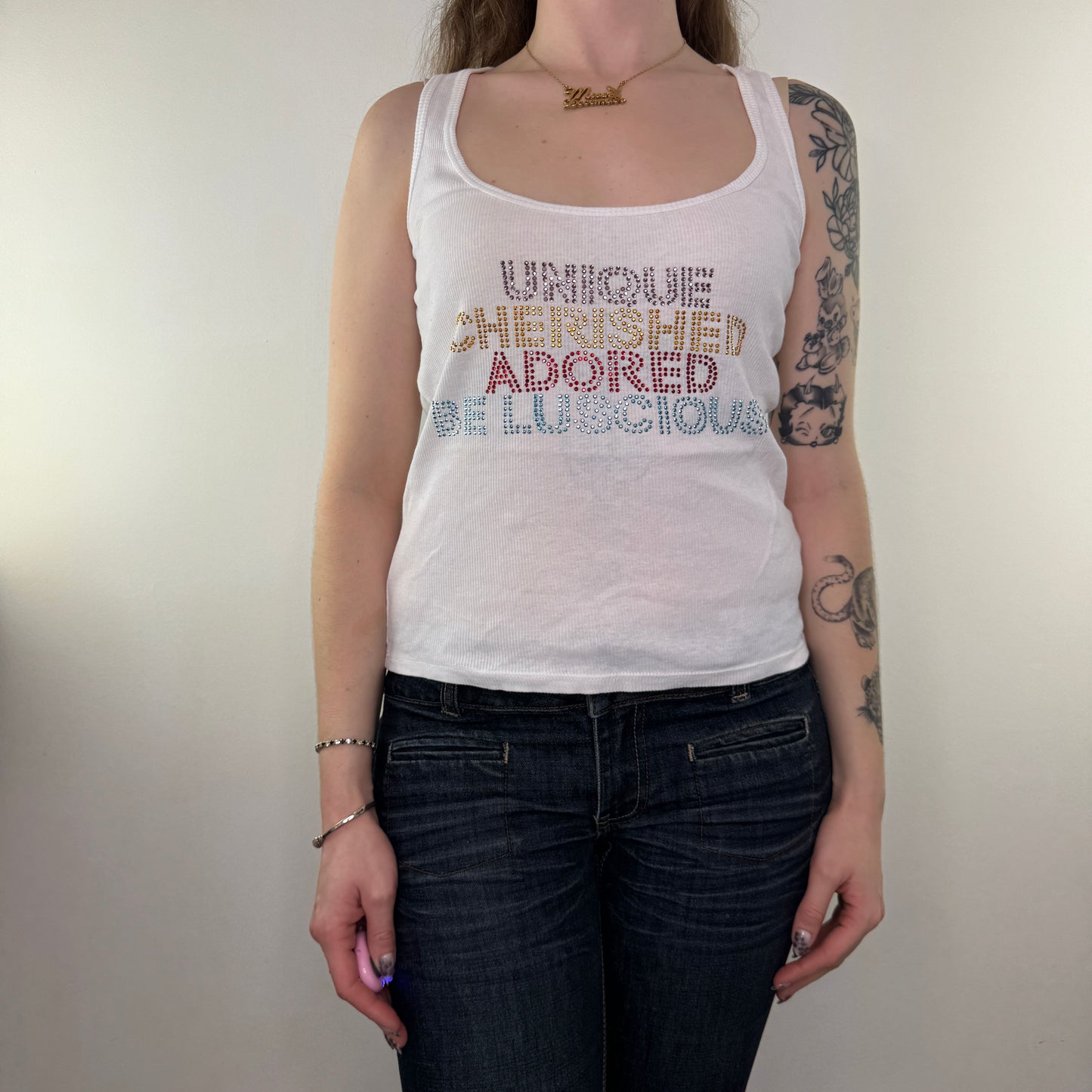 Y2K vintage rhinestone slogan tank top