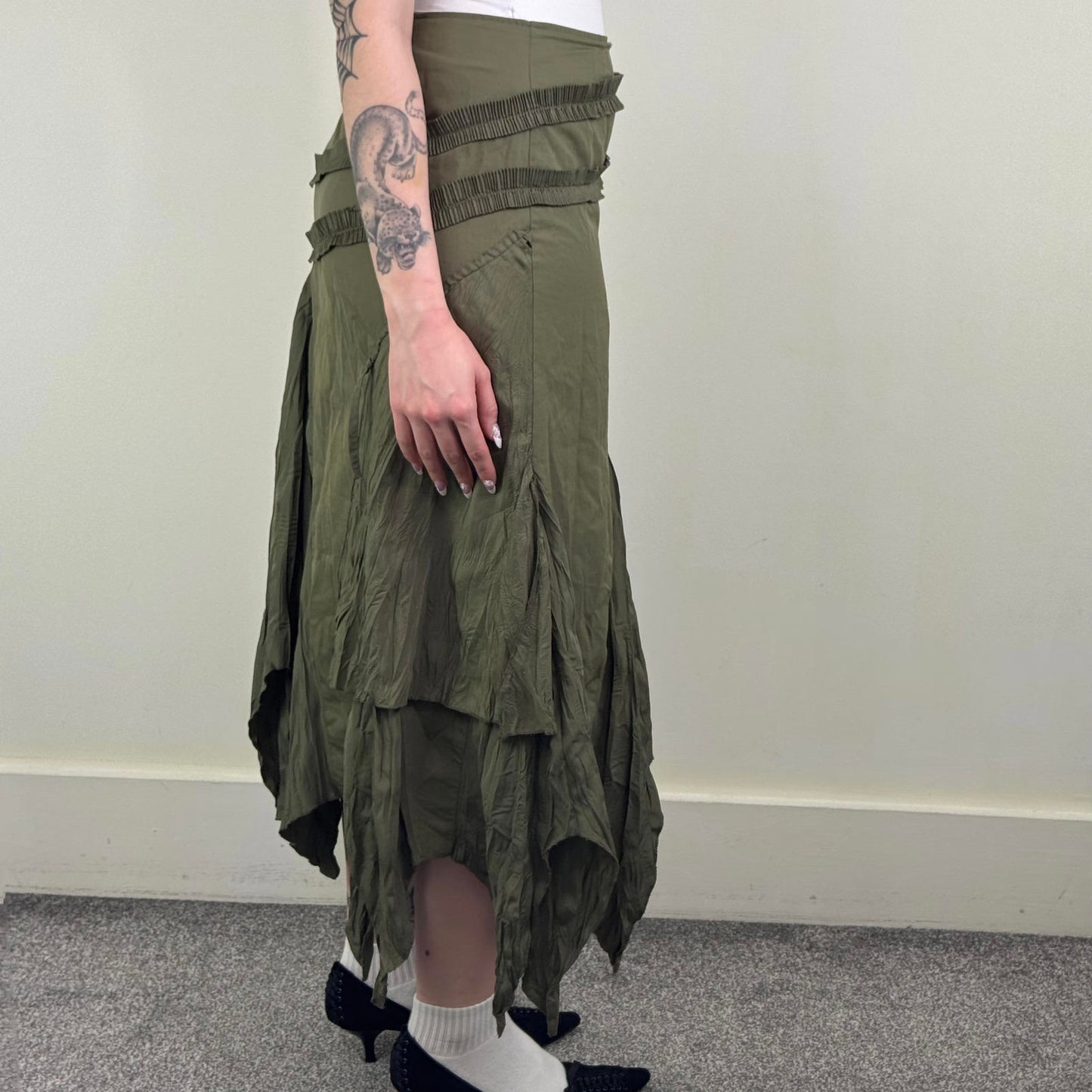 Y2K vintage maxi skirt asymmetrical ruffle khaki fairy whimsigoth layered