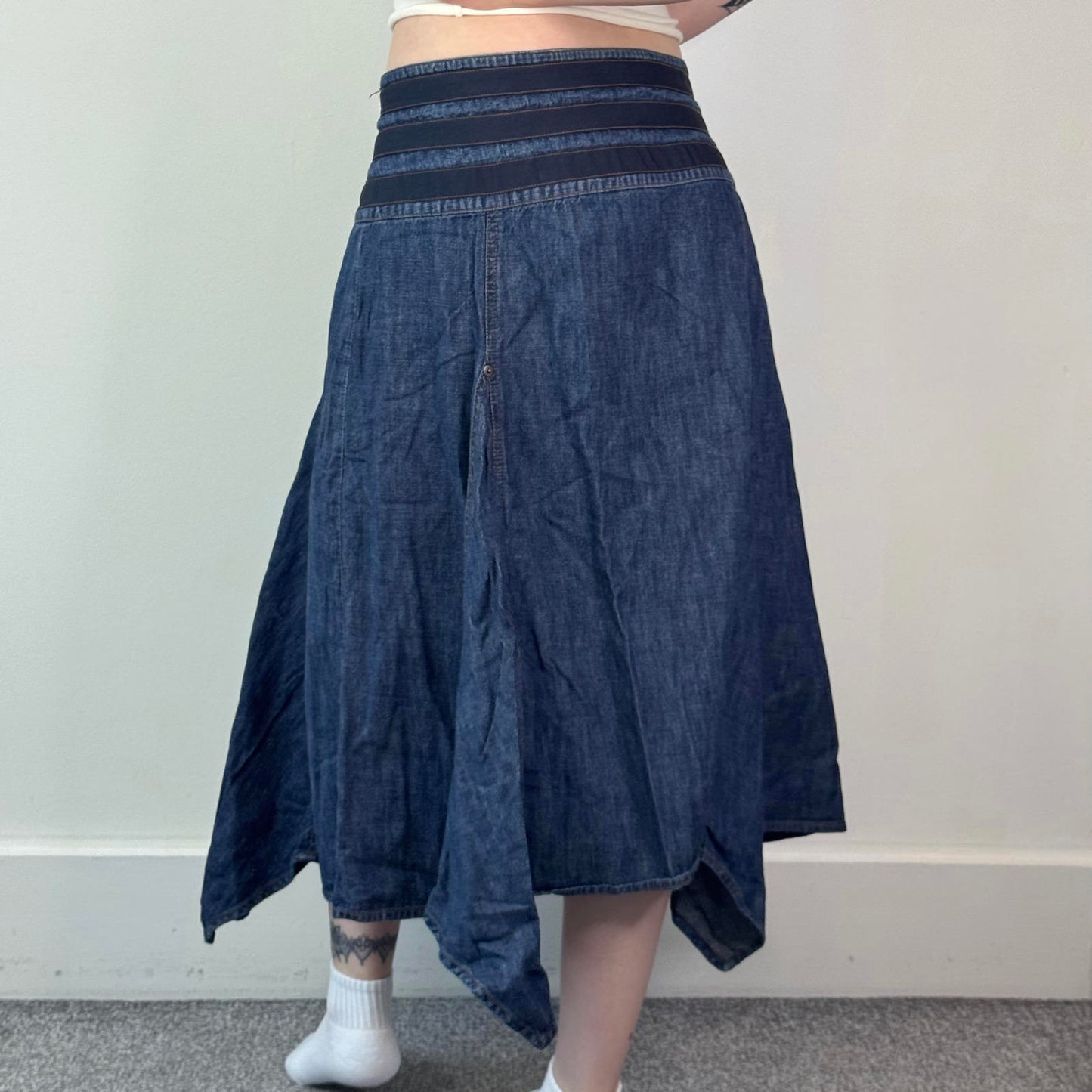 Y2K vintage denim asymmetrical maxi skirt a line floaty contrast stitching