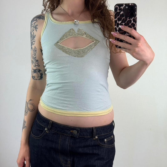 Y2K vintage cut out lips tank top rhinestone baby blue yellow ringer slight crop