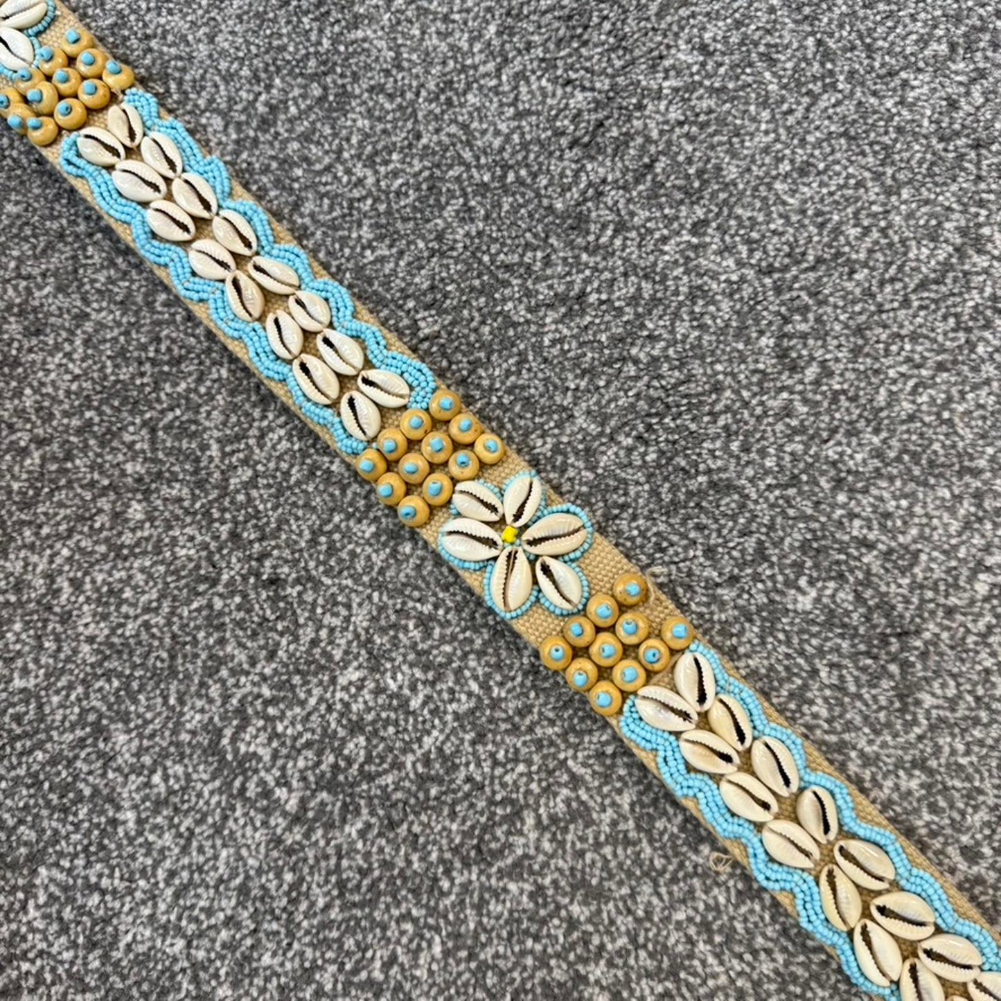 Y2K vintage seashell beaded canvas belt adjustable blue beige bow beach