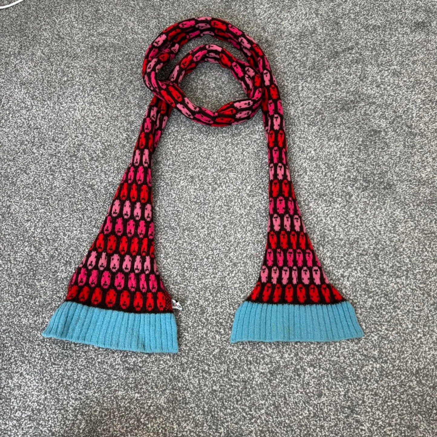 Donna Wilson wool scarf brown pink red faces pattern print blue