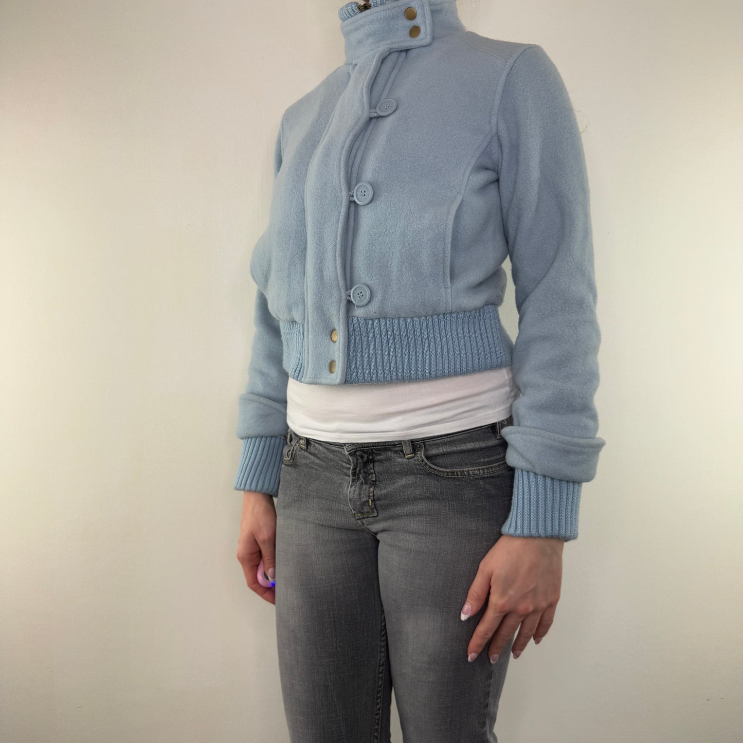 Y2K vintage short jacket wool zip up cropped baby blue buttons knit cuffs