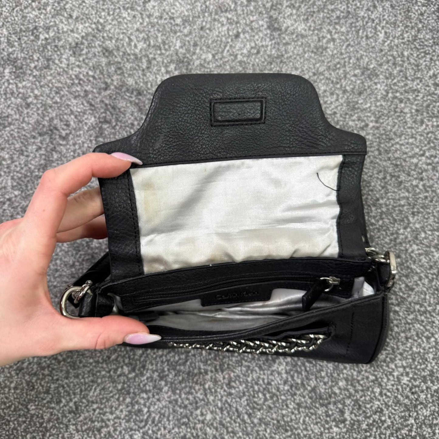 Calvin Klein faux leather mini shoulder bag micro buckle silver black