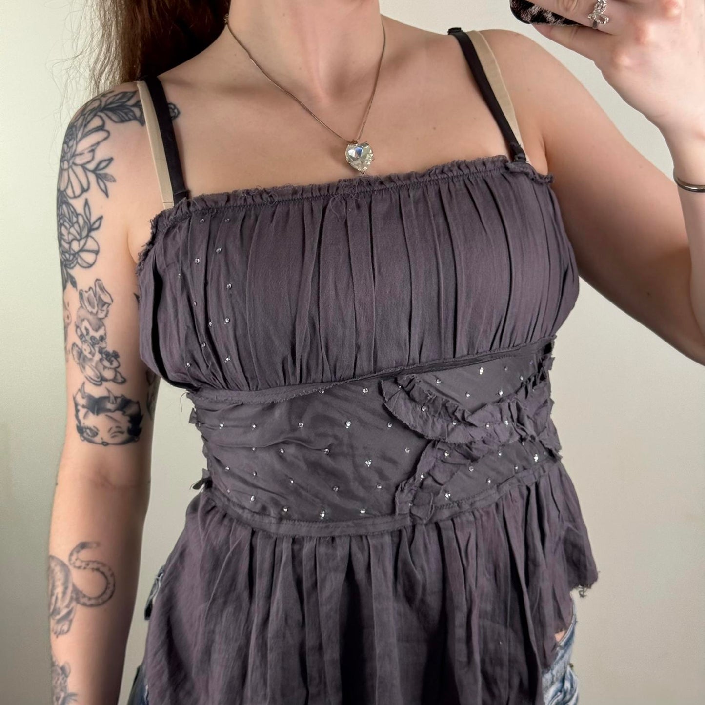 Y2K vintage boned ruched top strapless strappy rhinestone asymmetrical fraying