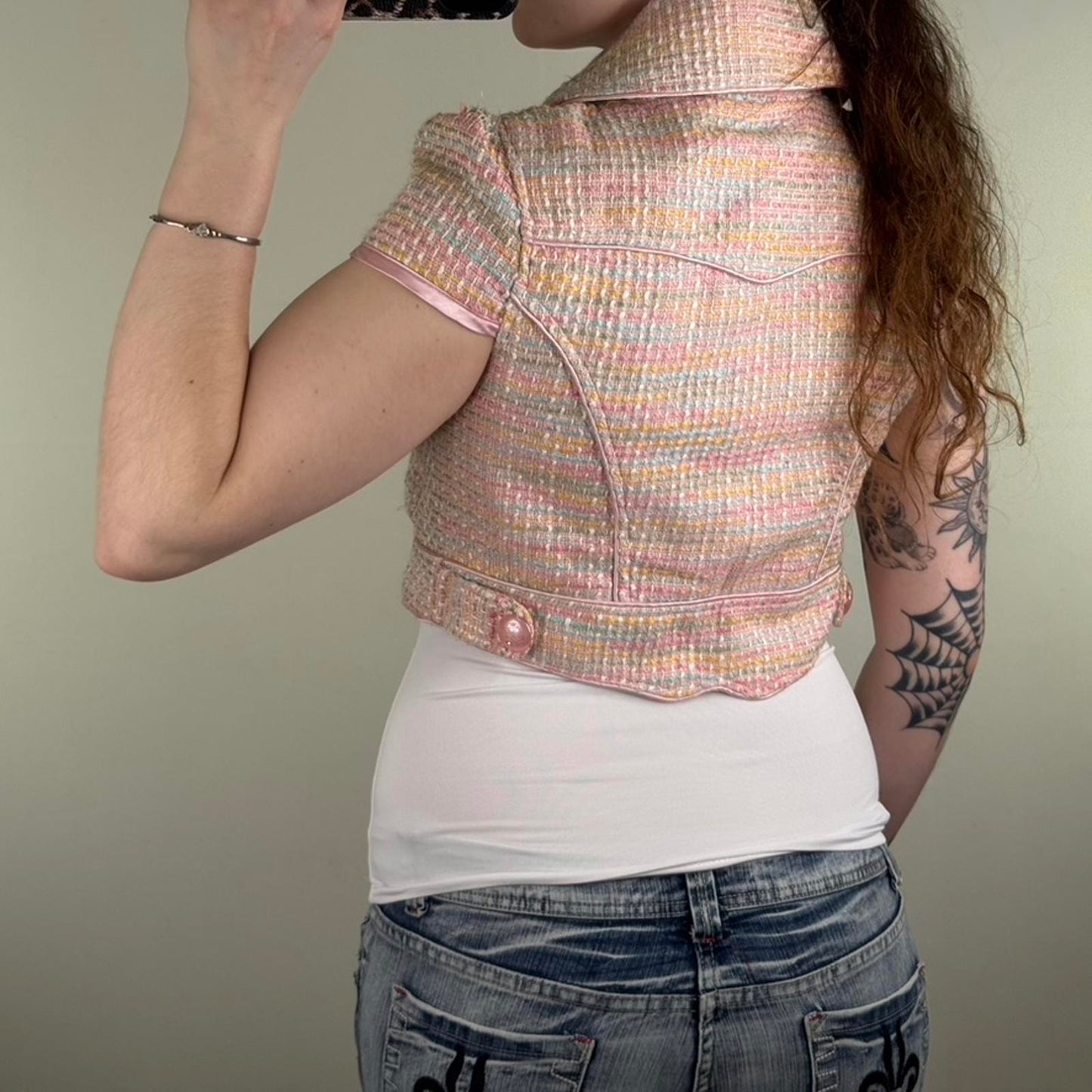 Y2K vintage tweed cropped jacket pastel button up baby pink tailored fitted