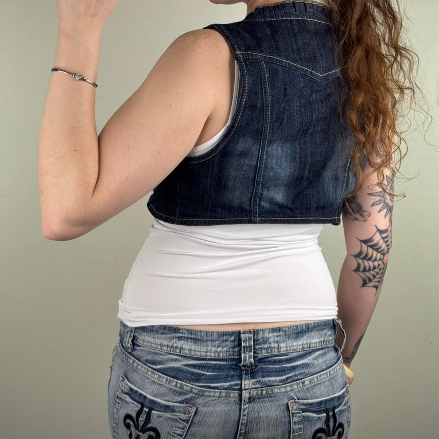 Y2K vintage denim waistcoat top cropped v neck frill hook and eye faded blue