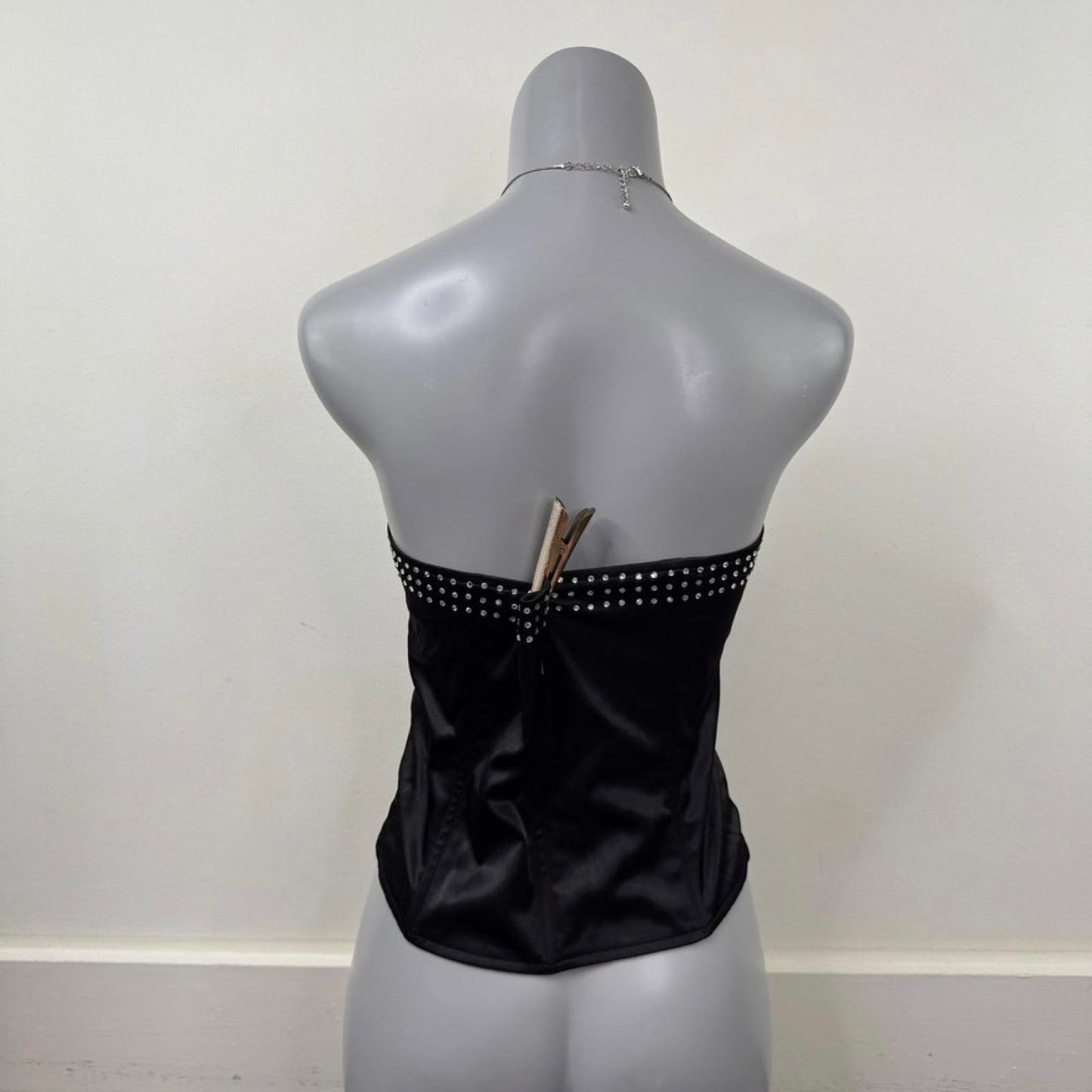 Y2K vintage strapless boned top bustier satin rhinestone hook and eye black