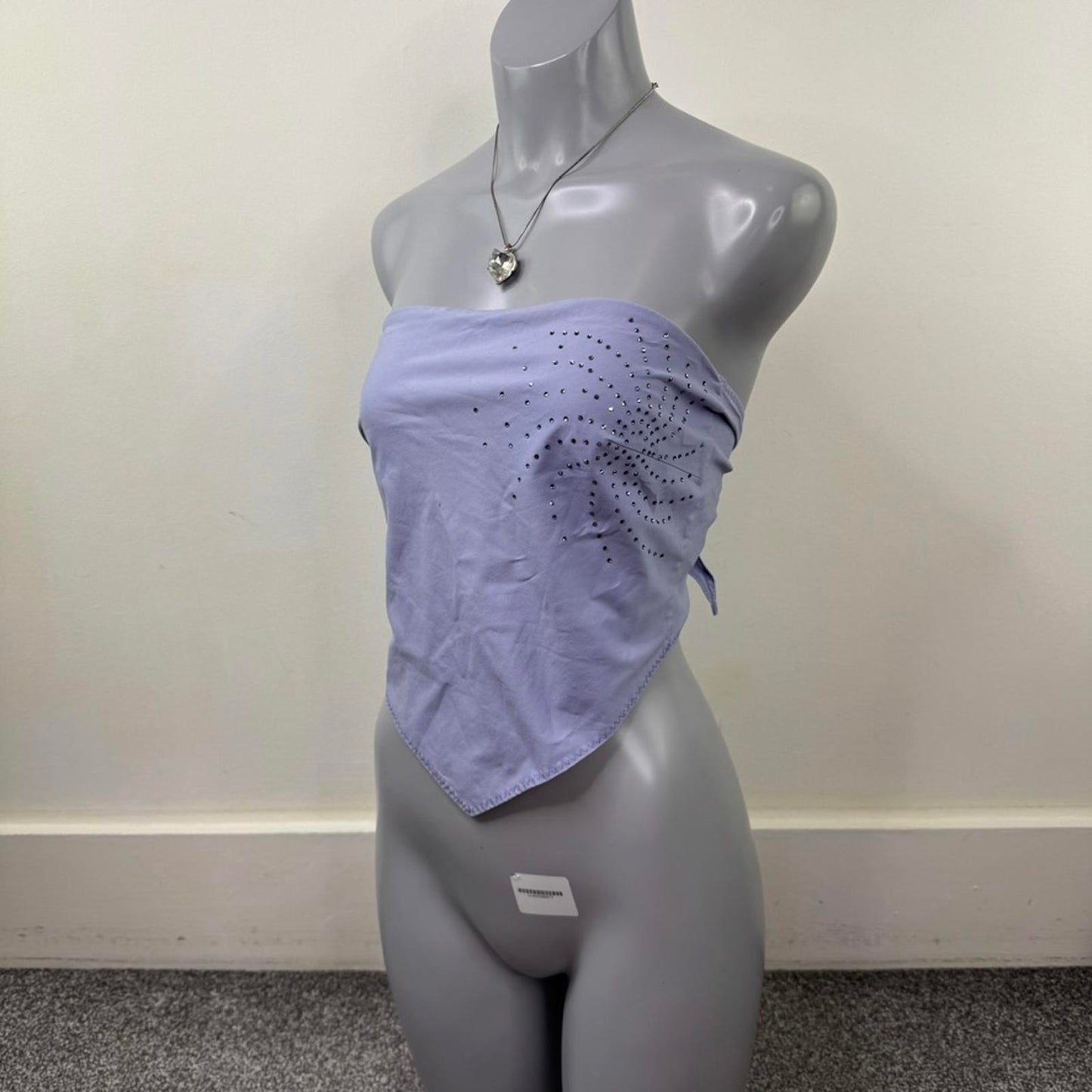 Y2K vintage strapless top handkerchief rhinestone v hem festival lilac stretchy